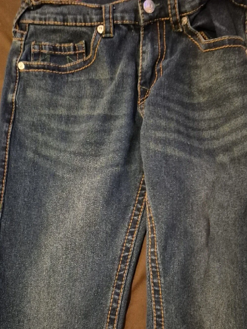 True Religion Men’s Straight Jeans - Dark Blue with Green Stitching